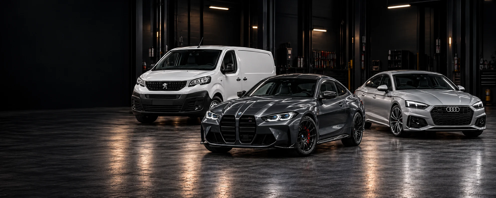 Illustrative graphite BMW, silver Audi and white Peugeot van in a dark workshop
